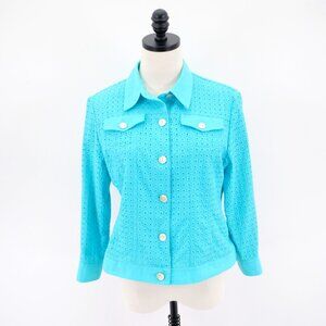 Ruby Rd. Petite Teal Button Front Pocket Collared Blouse Top 12P Long Sleeve Cot